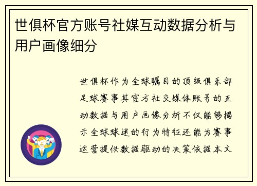 世俱杯官方账号社媒互动数据分析与用户画像细分
