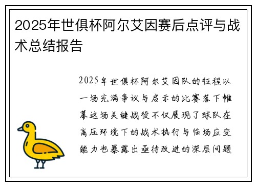 2025年世俱杯阿尔艾因赛后点评与战术总结报告